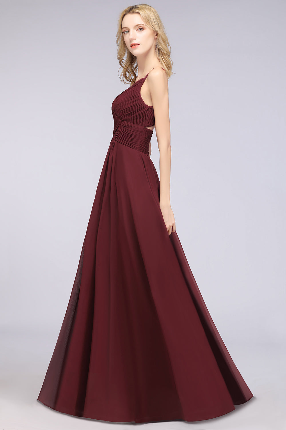 Affordable Chiffon Ruffle V-Neck Bridesmaid Dresses with Spaghetti Straps