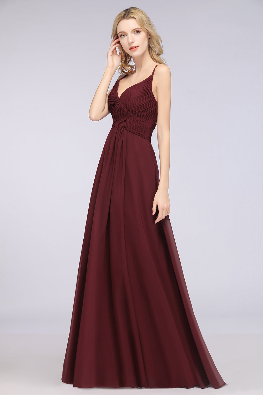 Affordable Chiffon Ruffle V-Neck Bridesmaid Dresses with Spaghetti Straps