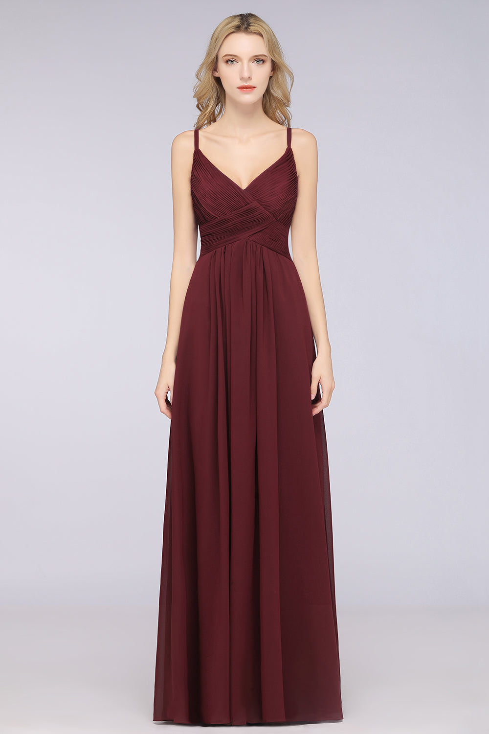 Affordable Chiffon Ruffle V-Neck Bridesmaid Dresses with Spaghetti Straps