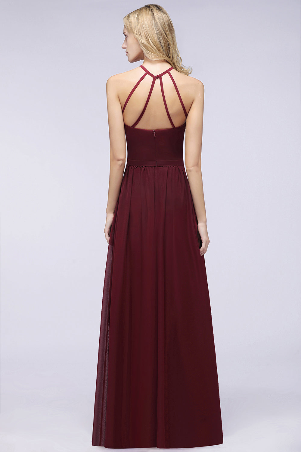 Affordable Halter Sleeveless Long Burgundy Bridesmaid Dresses with Ruffle