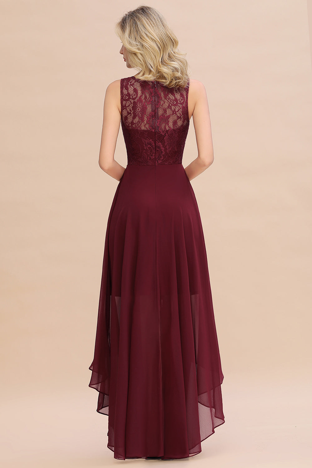 Affordable Hi-Lo Lace Sleeveless Burgundy Chiffon Bridesmaid Dresses - Fashionpara