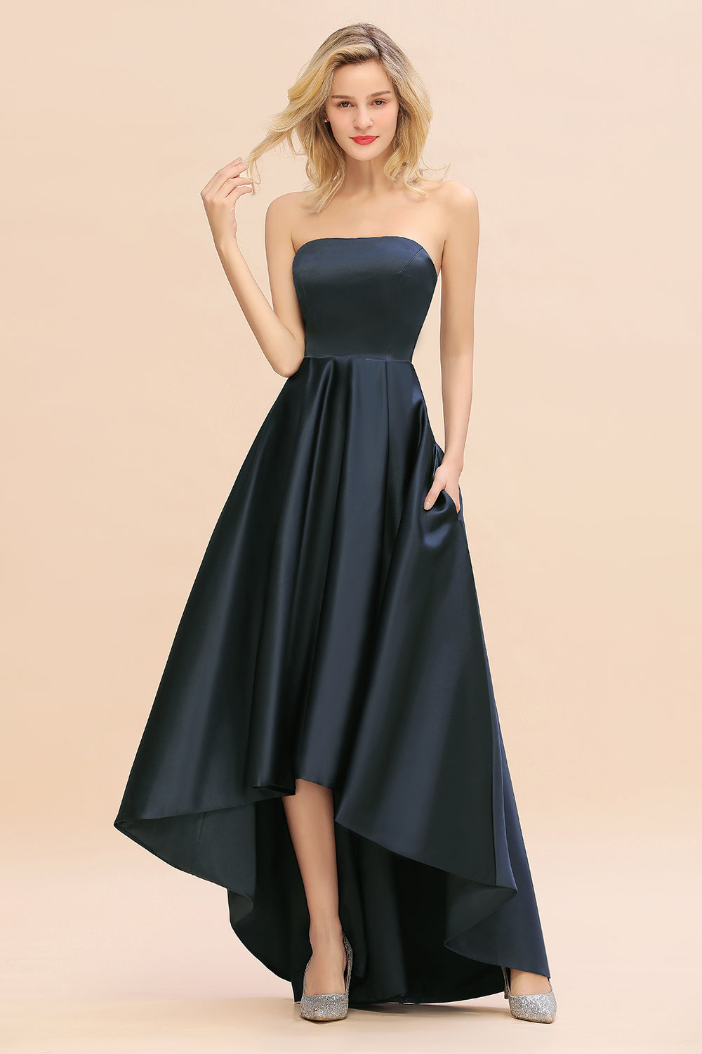 Affordable Hi-Lo Strapless Satin Bridesmaid dresses - Fashionpara