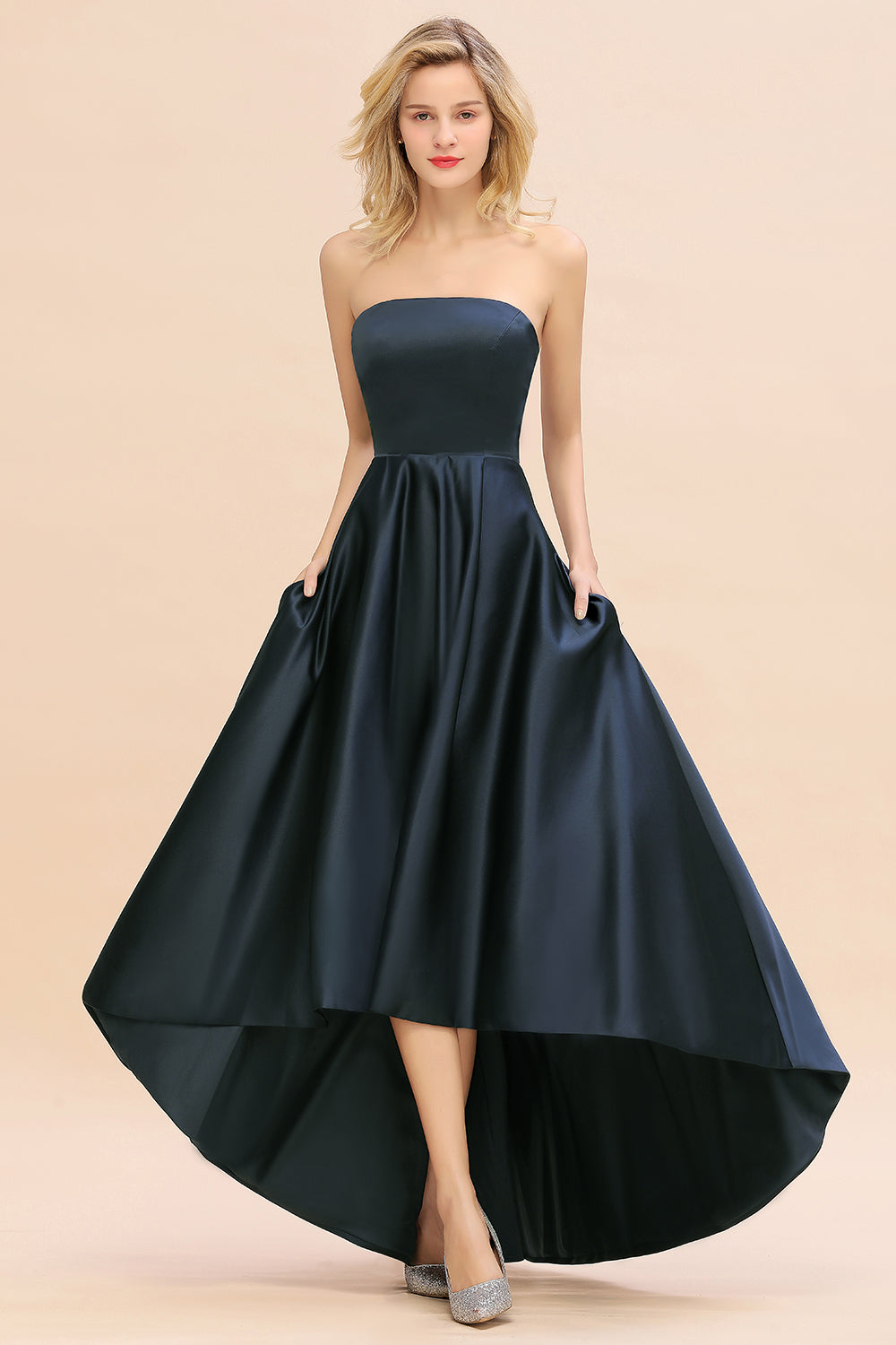 Affordable Hi-Lo Strapless Satin Bridesmaid dresses - Fashionpara