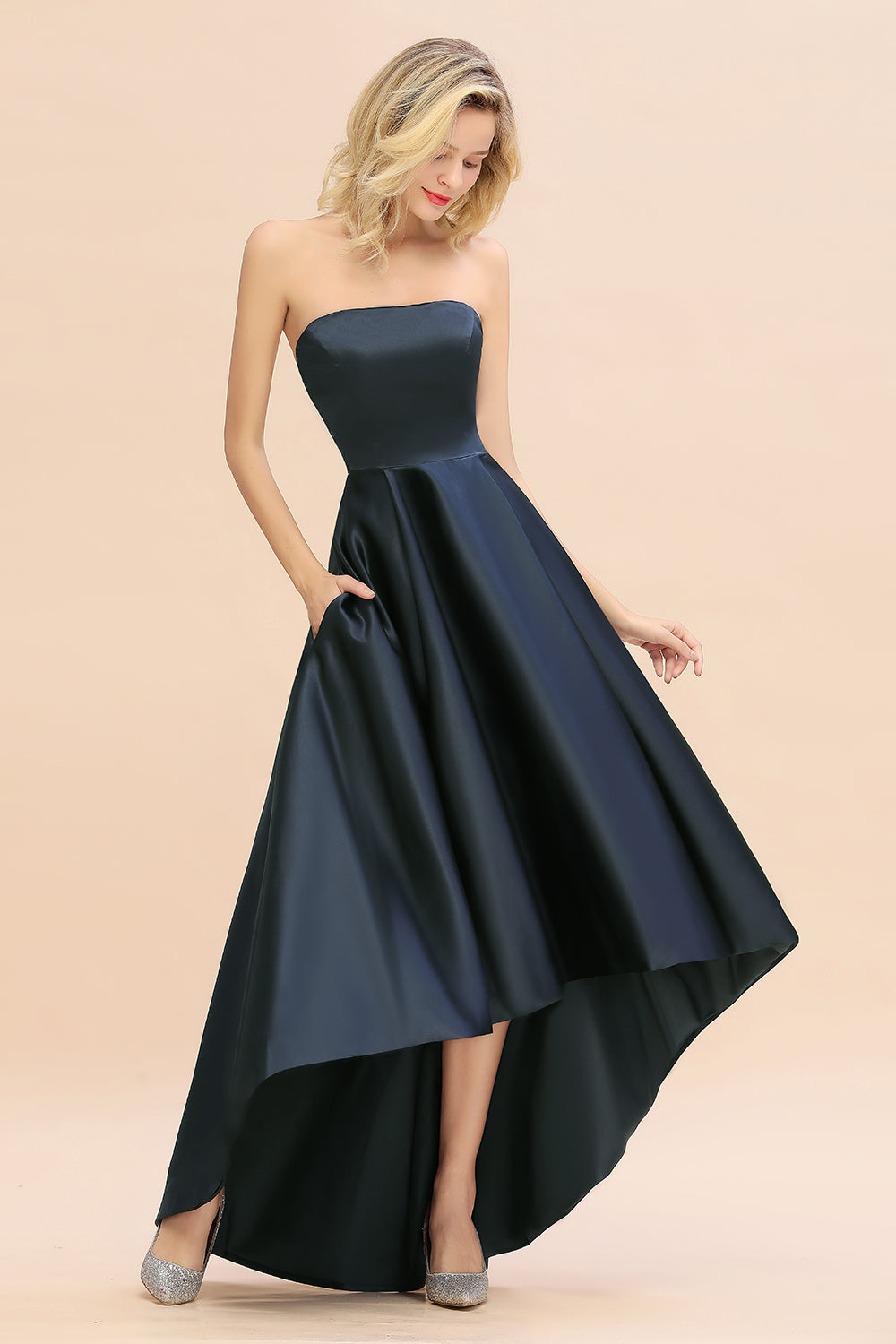 Affordable Hi-Lo Strapless Satin Bridesmaid dresses - Fashionpara