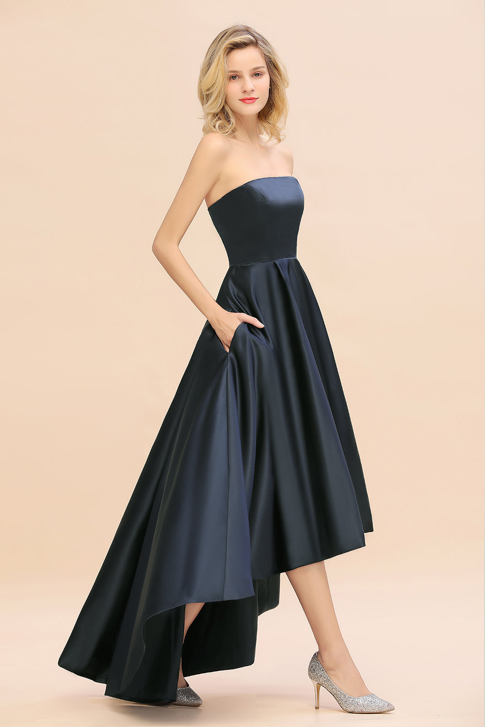 Affordable Hi-Lo Strapless Satin Bridesmaid dresses - Fashionpara