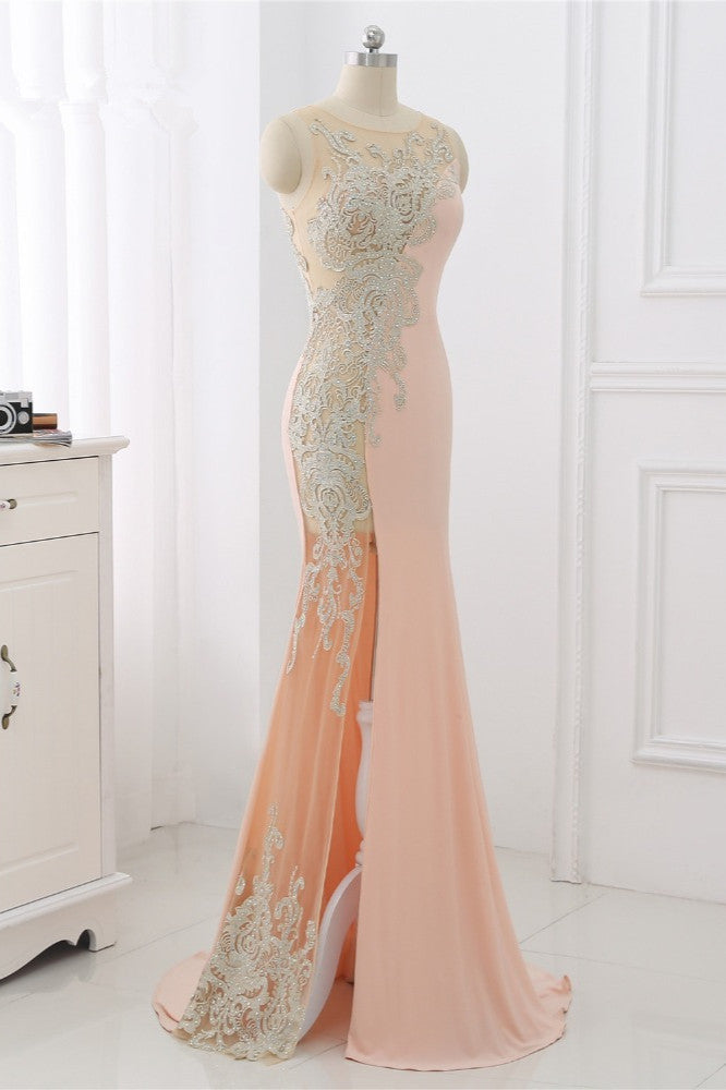 Affordable Jewel Appliques Sleeveless Prom Dresses with Front Slit