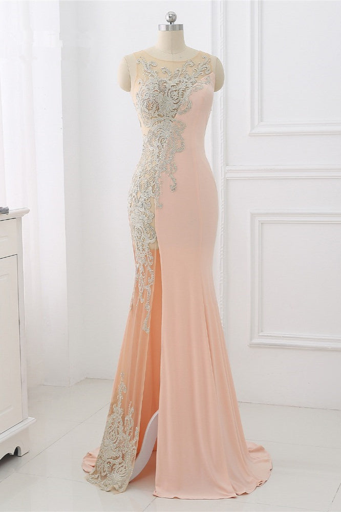 Affordable Jewel Appliques Sleeveless Prom Dresses with Front Slit