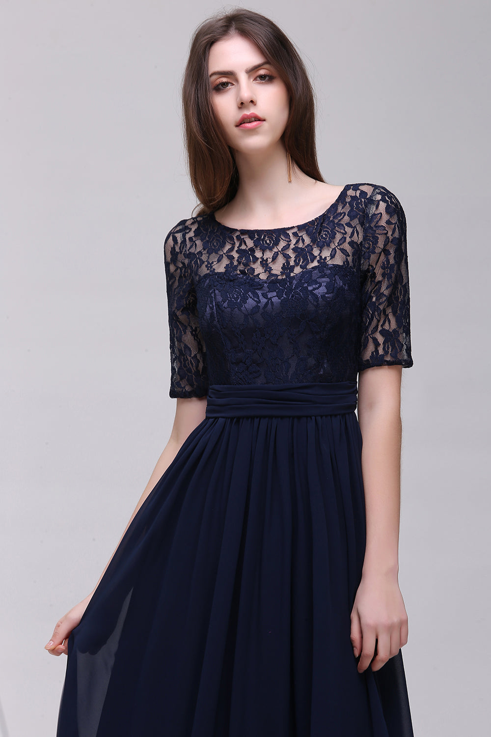 Affordable Lace Scoop Dark Navy Bridesmaid dresses with Half-Sleeves