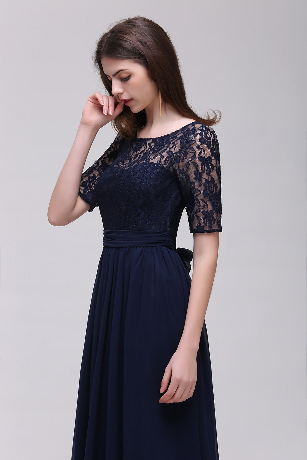 Affordable Lace Scoop Dark Navy Bridesmaid dresses with Half-Sleeves