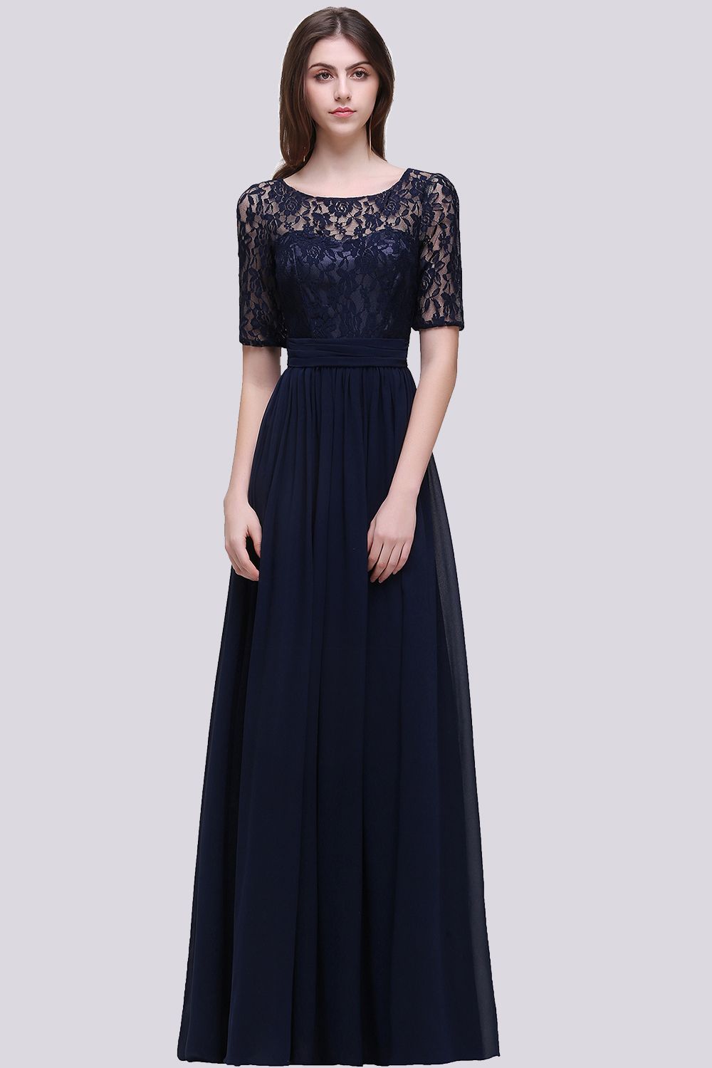 Affordable Lace Scoop Dark Navy Bridesmaid dresses with Half-Sleeves