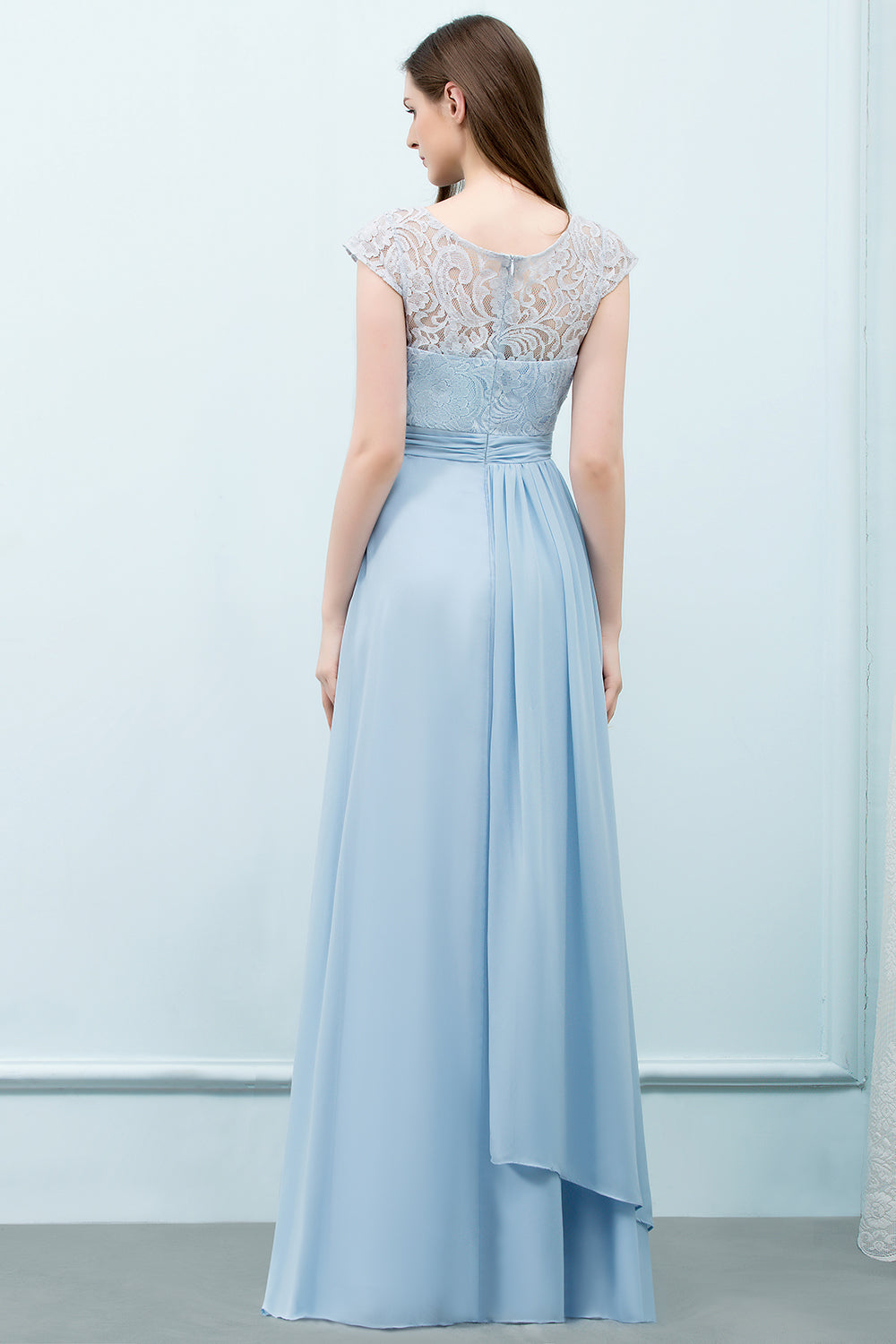 Affordable Lace Sleeveless Blue Bridesmaid dresses With Scoop Cap