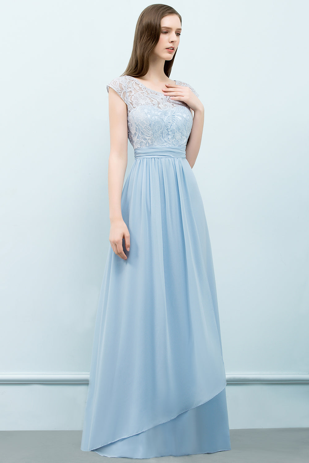 Affordable Lace Sleeveless Blue Bridesmaid dresses With Scoop Cap