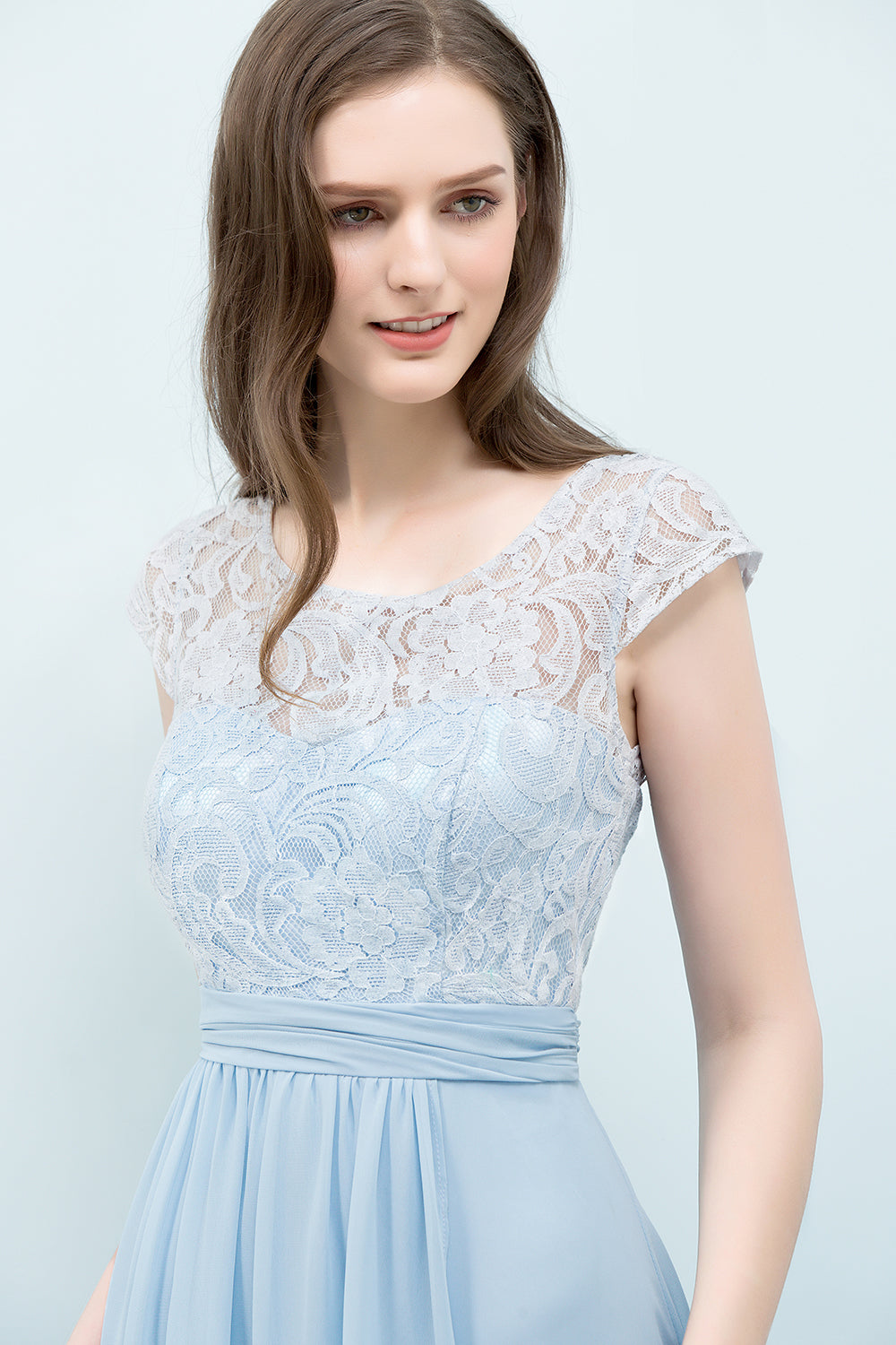 Affordable Lace Sleeveless Blue Bridesmaid dresses With Scoop Cap