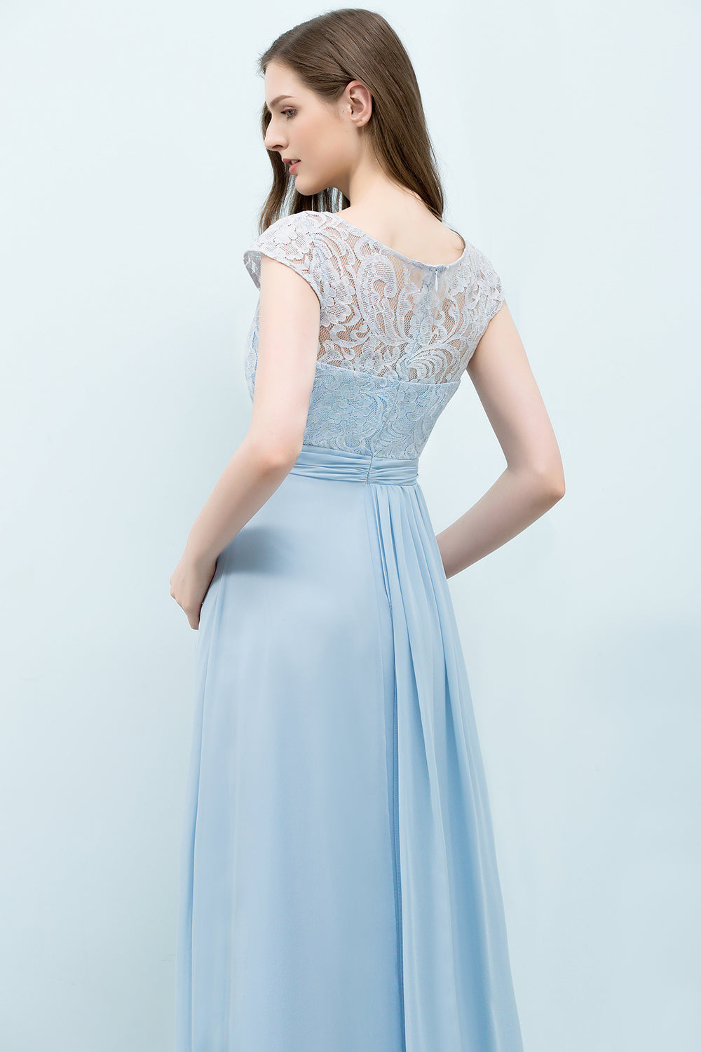 Affordable Lace Sleeveless Blue Bridesmaid dresses With Scoop Cap