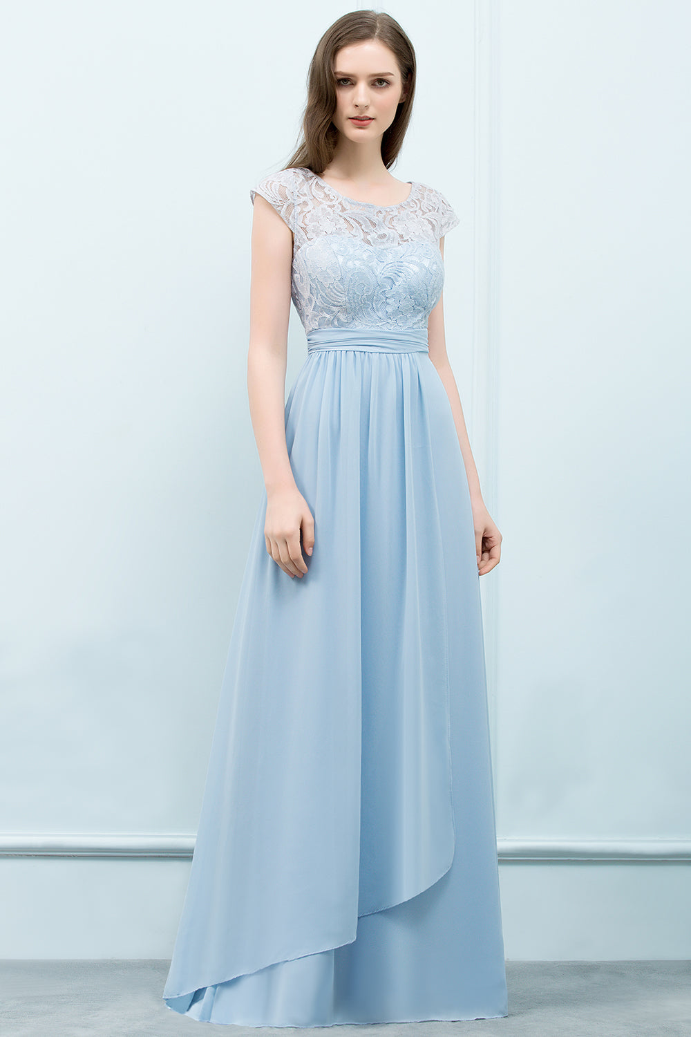 Affordable Lace Sleeveless Blue Bridesmaid dresses With Scoop Cap