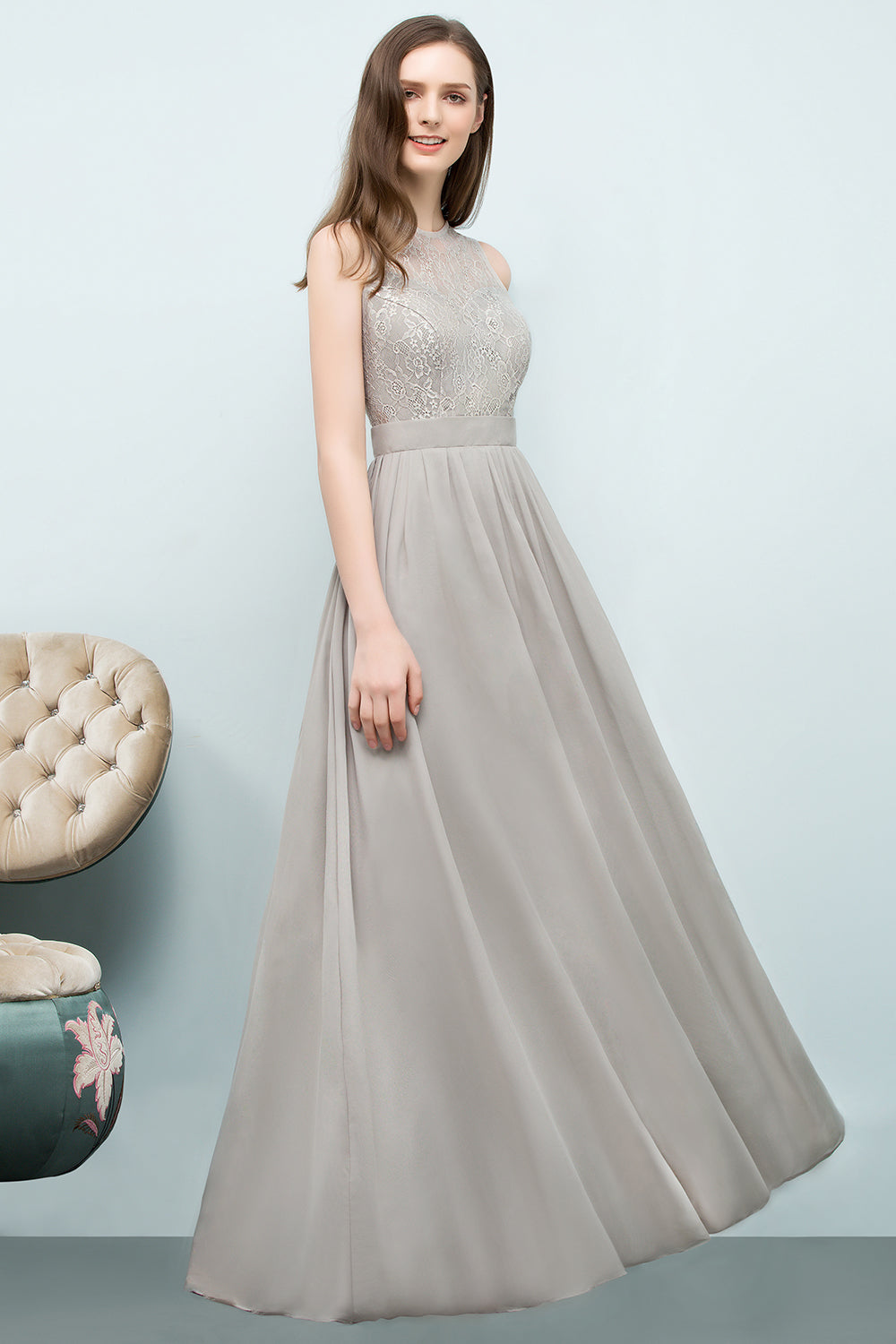 Affordable Lace Sleeveless Silver Bridesmaid Dresses with Ruffles