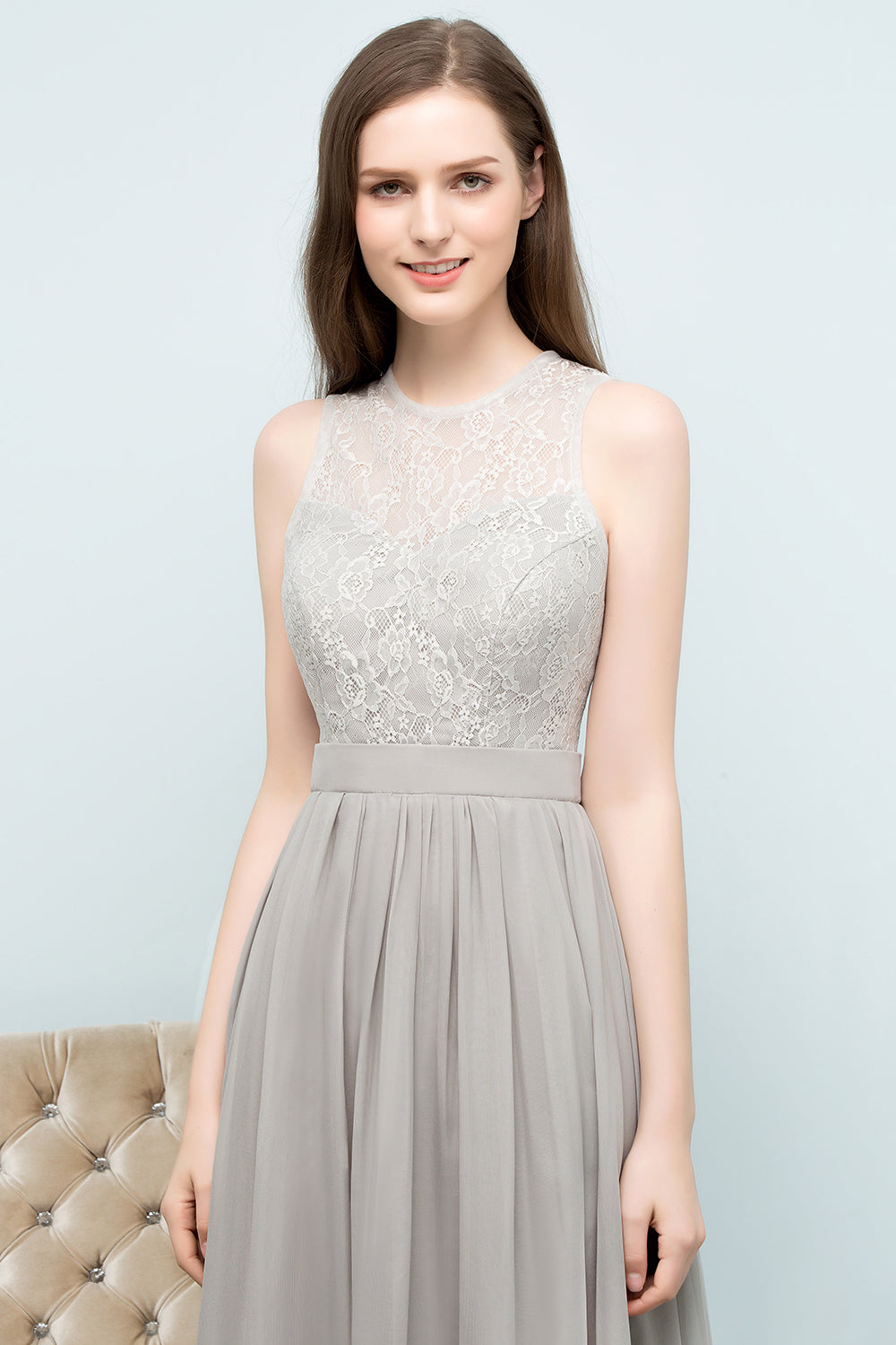 Affordable Lace Sleeveless Silver Bridesmaid Dresses with Ruffles