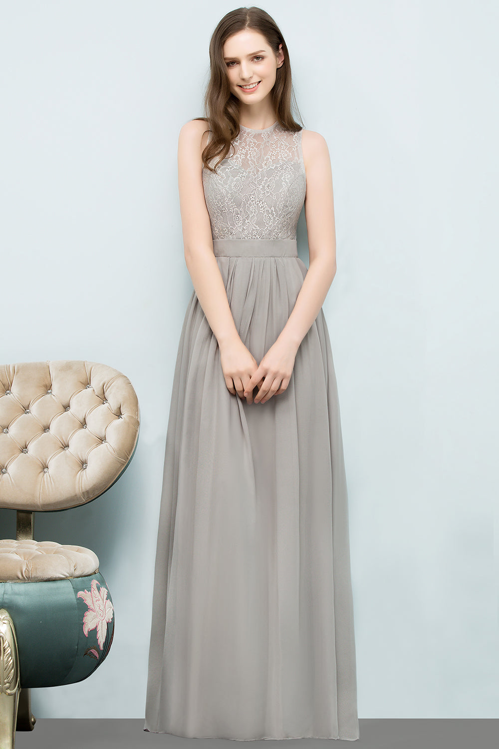 Affordable Lace Sleeveless Silver Bridesmaid Dresses with Ruffles