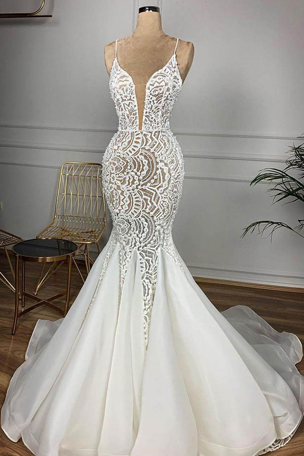 Affordable Mermaid Spaghetti Straps Lace Wedding Dresses Ivory Sleeveless Bridal Gowns With Appliques