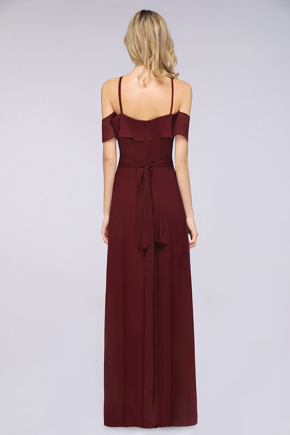 Affordable Spaghetti Straps Burgundy Long Bridesmaid Dresses With Bow Sash