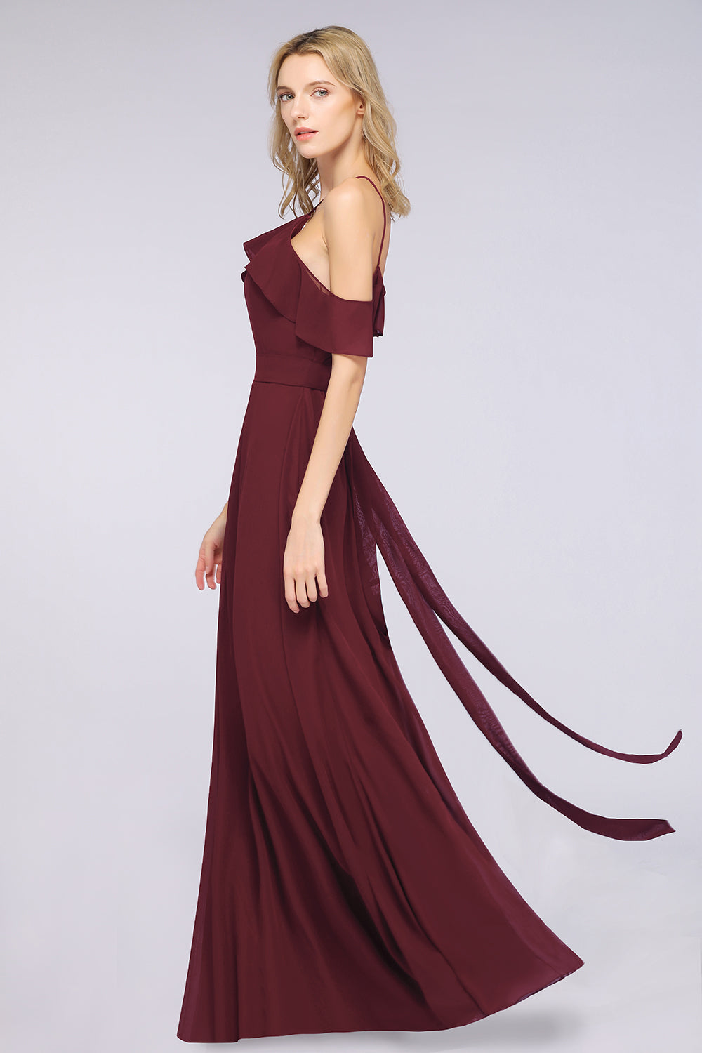 Affordable Spaghetti Straps Burgundy Long Bridesmaid Dresses With Bow Sash