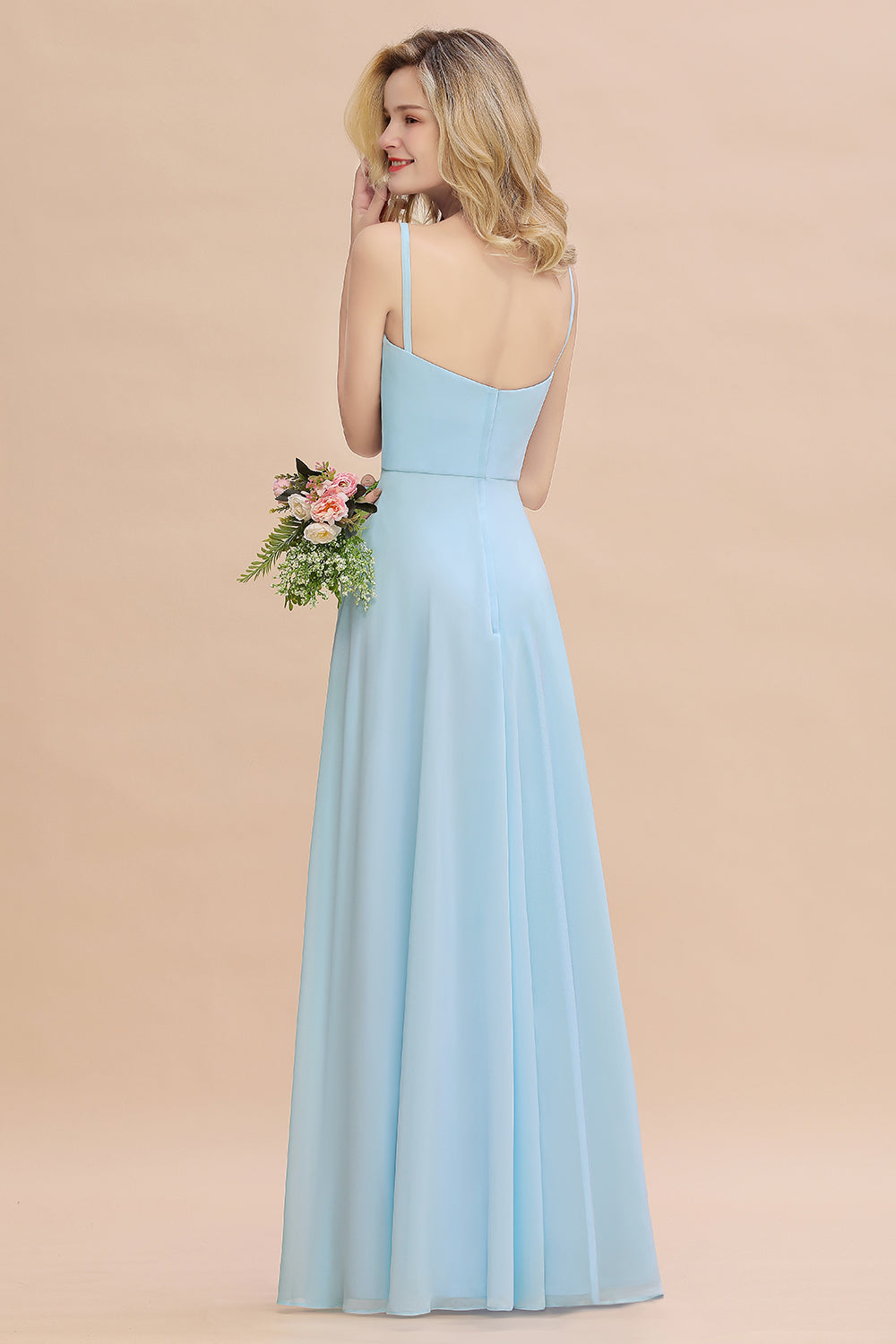 Affordable Spaghetti-Straps Slit Long Chiffon Bridesmaid Dresses with Ruffle - Fashionpara