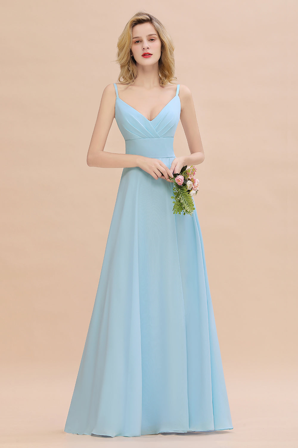 Affordable Spaghetti-Straps Slit Long Chiffon Bridesmaid Dresses with Ruffle - Fashionpara