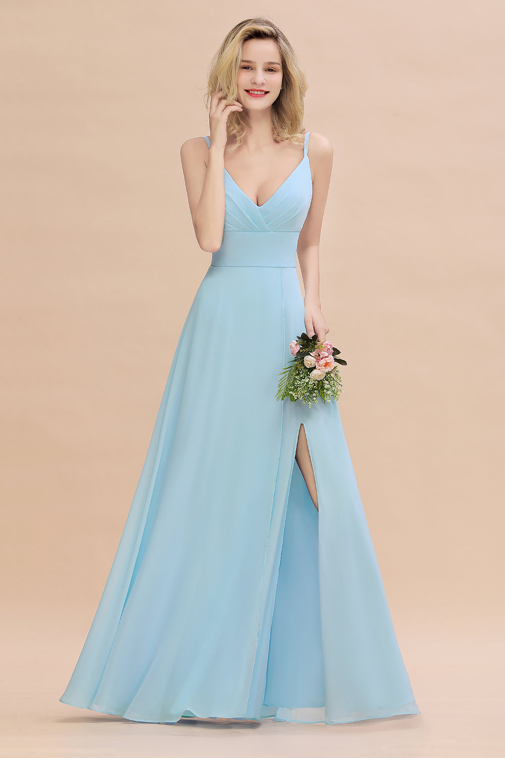 Affordable Spaghetti-Straps Slit Long Chiffon Bridesmaid Dresses with Ruffle - Fashionpara