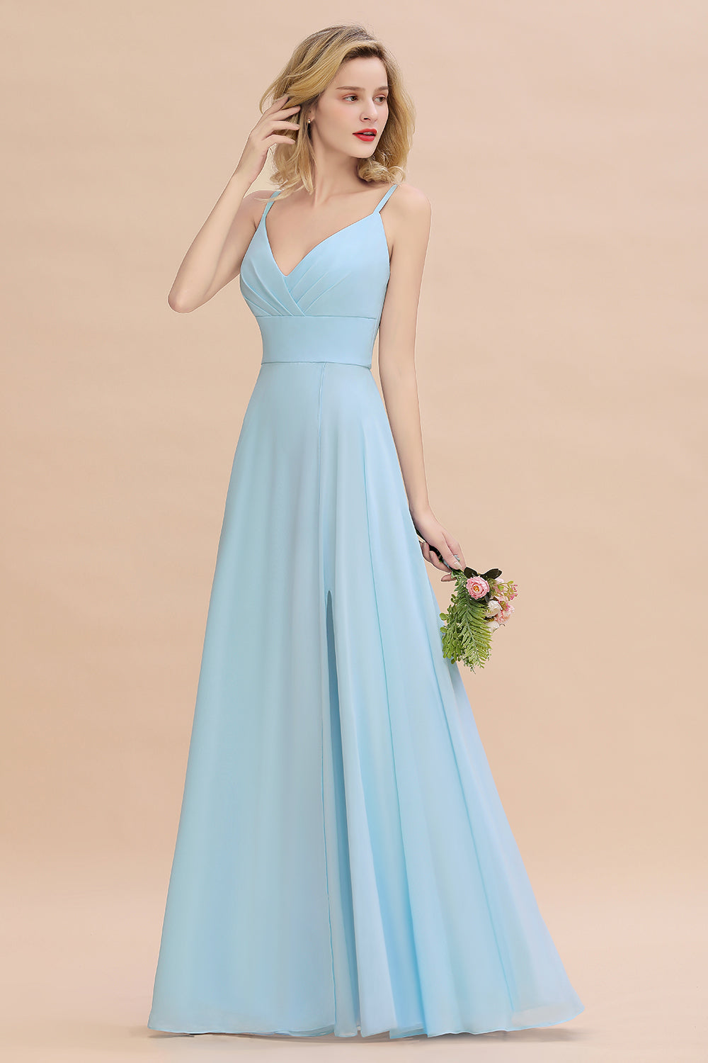 Affordable Spaghetti-Straps Slit Long Chiffon Bridesmaid Dresses with Ruffle - Fashionpara