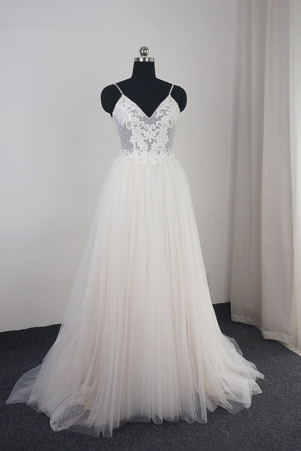 Affordable Spaghetti Straps Tulle Ruffle Wedding Dress V-Neck Lace Appliques Bridal Gowns On Sale