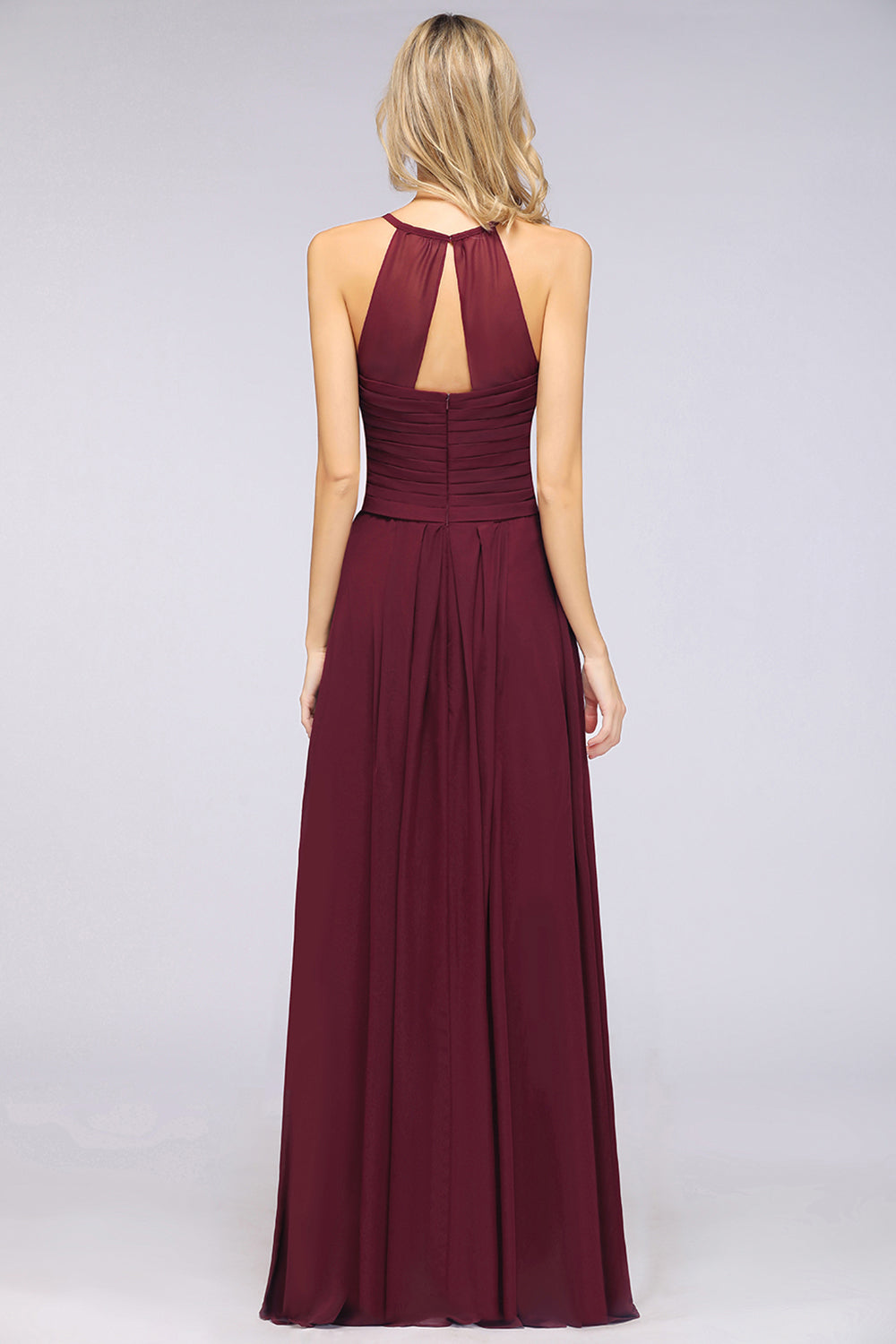 Affordable Spaghetti Straps V-Neck Burgundy Chiffon Bridesmaid Dresses with Keyhole Back