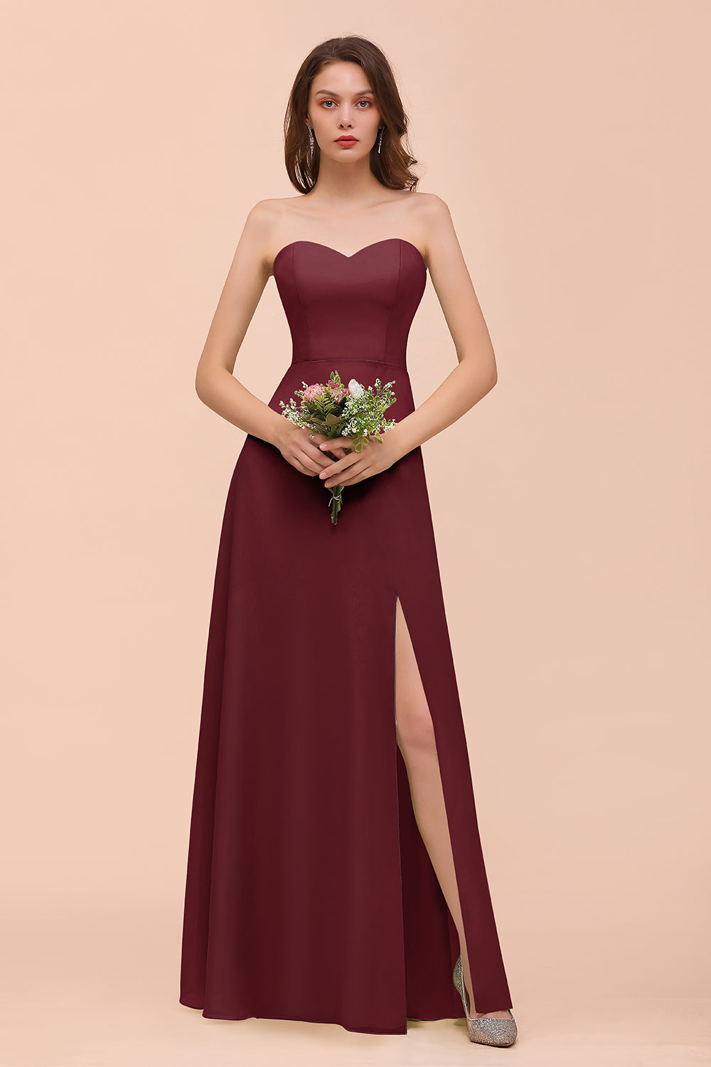 Affordable Strapless Front Slit Long Dusty Sage Bridesmaid Dresses - Fashionpara