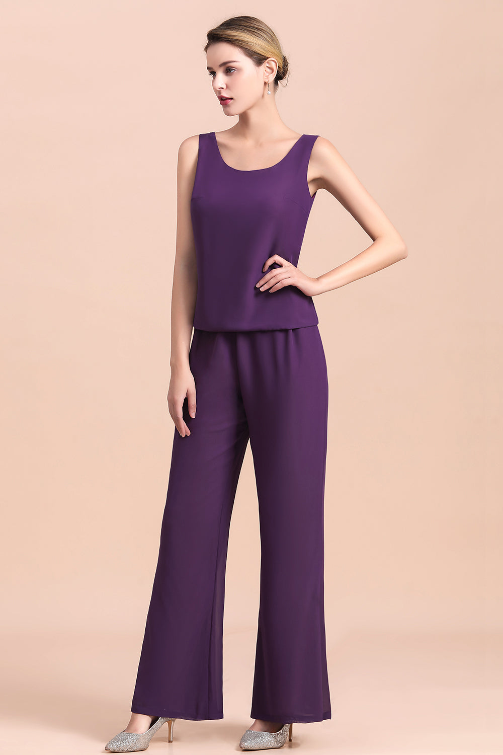 Affordable Straps Beading Grape Chiffon Mother of Bride Jumpsuit with Wrap - Fashionpara