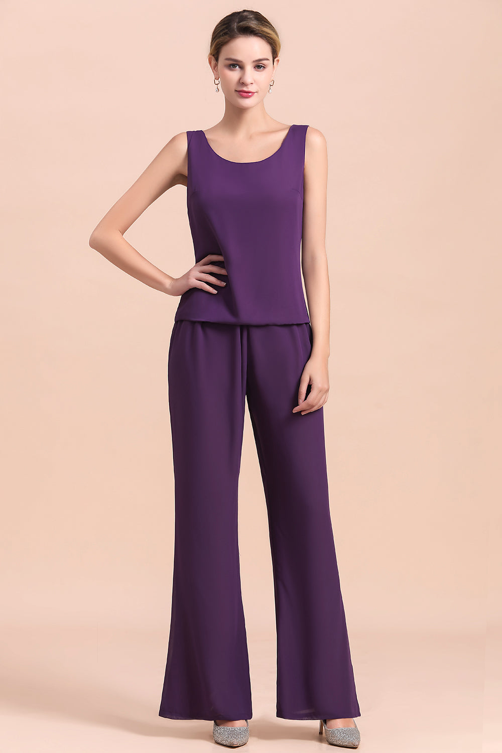 Affordable Straps Beading Grape Chiffon Mother of Bride Jumpsuit with Wrap - Fashionpara