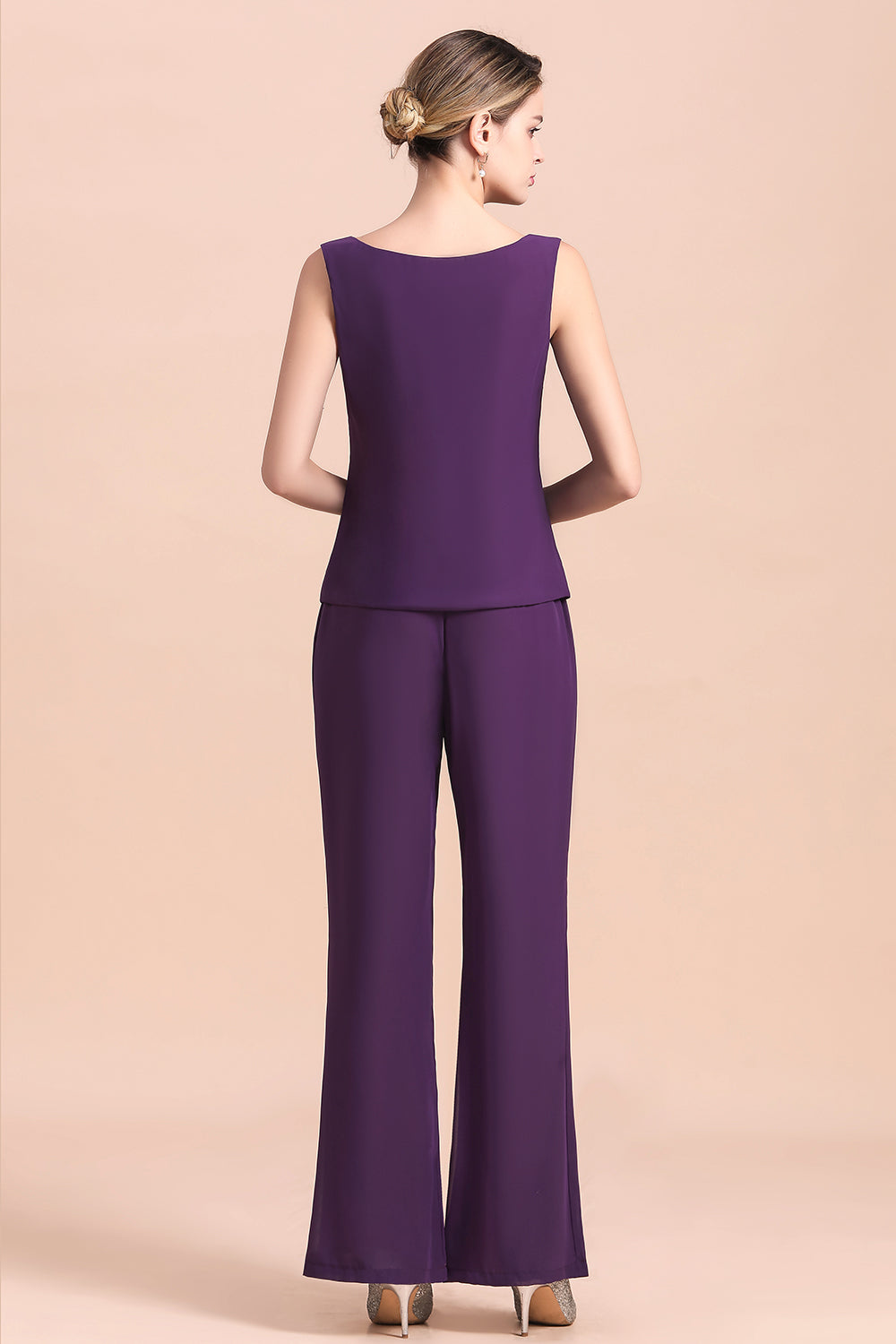 Affordable Straps Beading Grape Chiffon Mother of Bride Jumpsuit with Wrap - Fashionpara