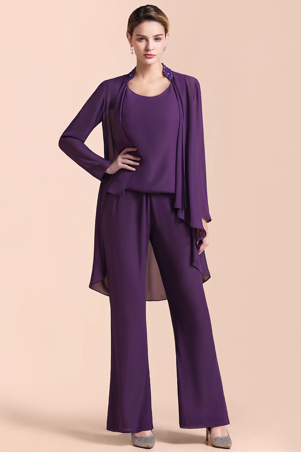 Affordable Straps Beading Grape Chiffon Mother of Bride Jumpsuit with Wrap - Fashionpara