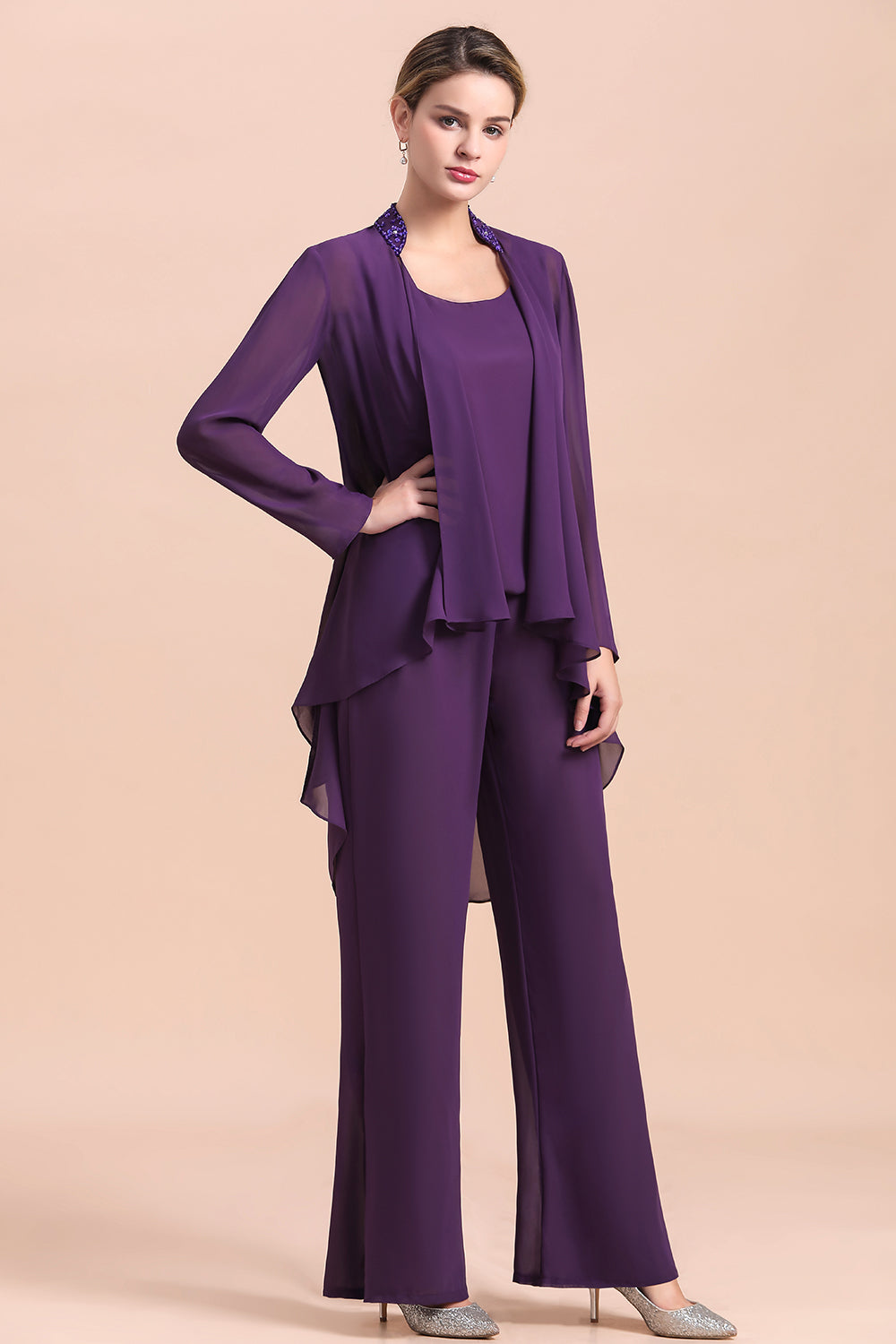 Affordable Straps Beading Grape Chiffon Mother of Bride Jumpsuit with Wrap - Fashionpara