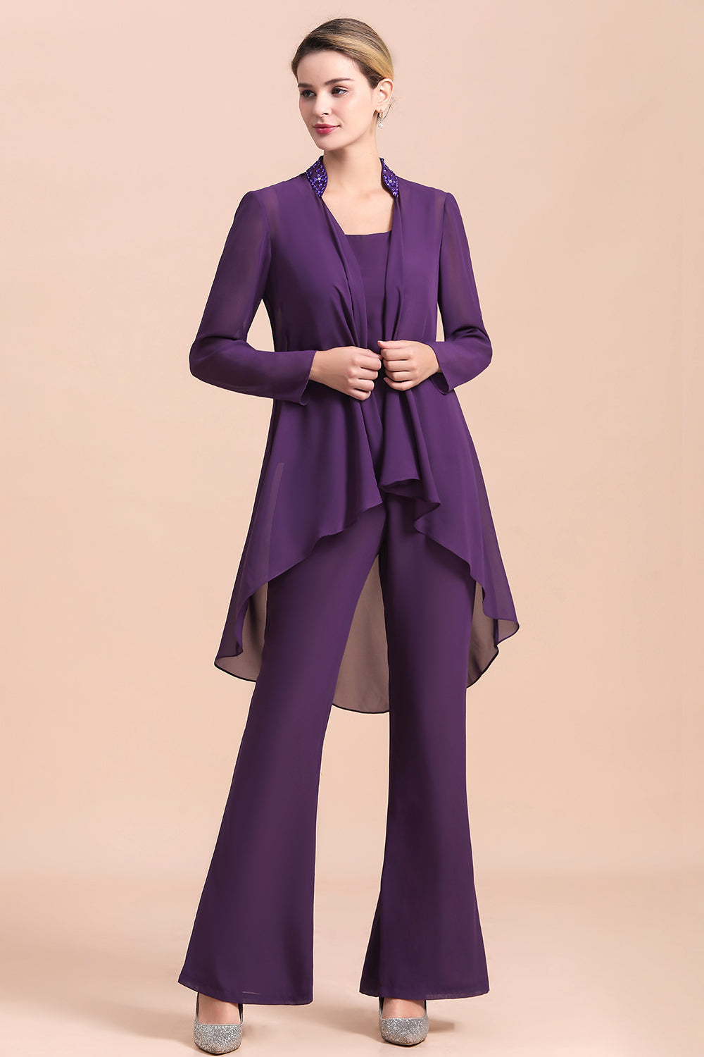 Affordable Straps Beading Grape Chiffon Mother of Bride Jumpsuit with Wrap - Fashionpara