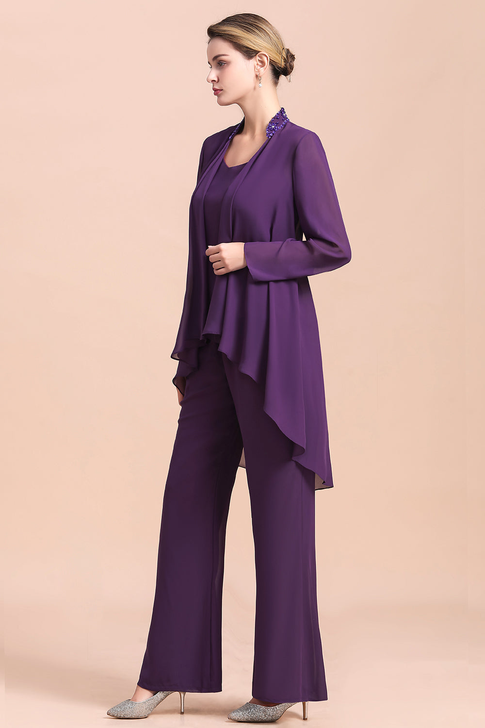 Affordable Straps Beading Grape Chiffon Mother of Bride Jumpsuit with Wrap - Fashionpara