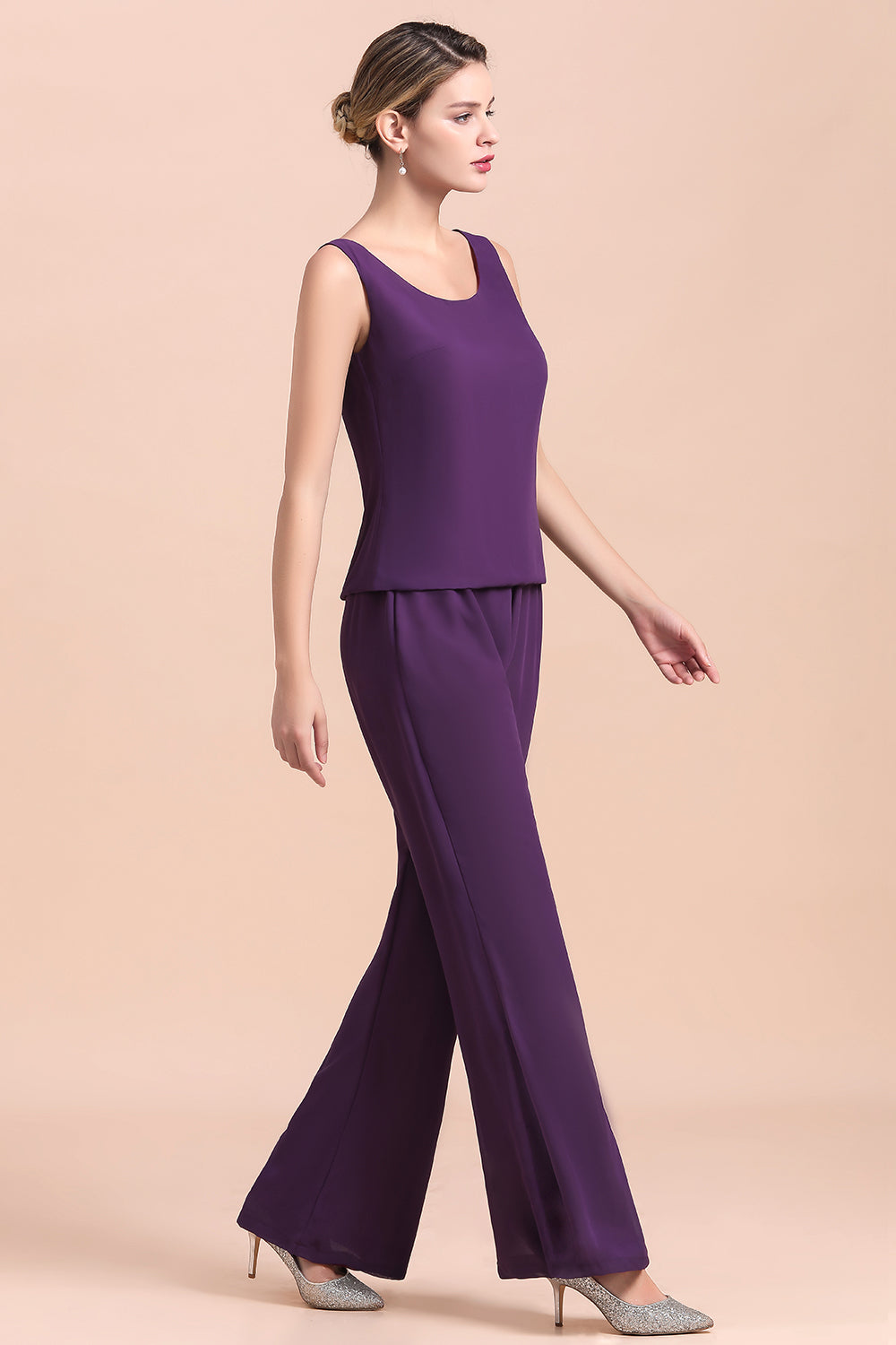 Affordable Straps Beading Grape Chiffon Mother of Bride Jumpsuit with Wrap - Fashionpara