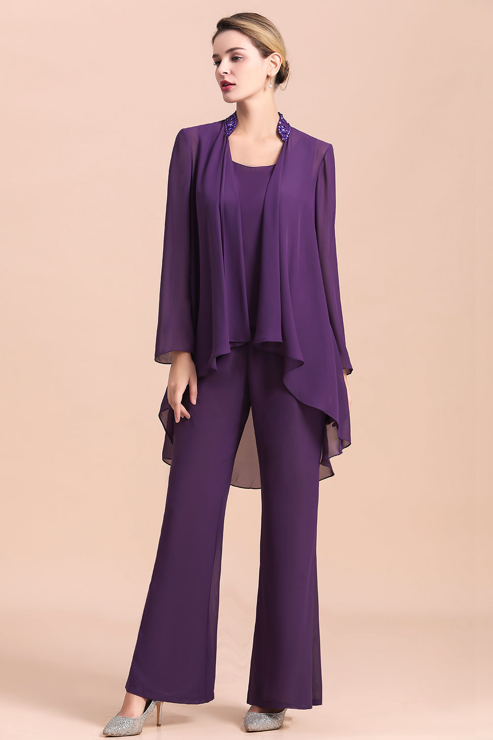 Affordable Straps Beading Grape Chiffon Mother of Bride Jumpsuit with Wrap - Fashionpara