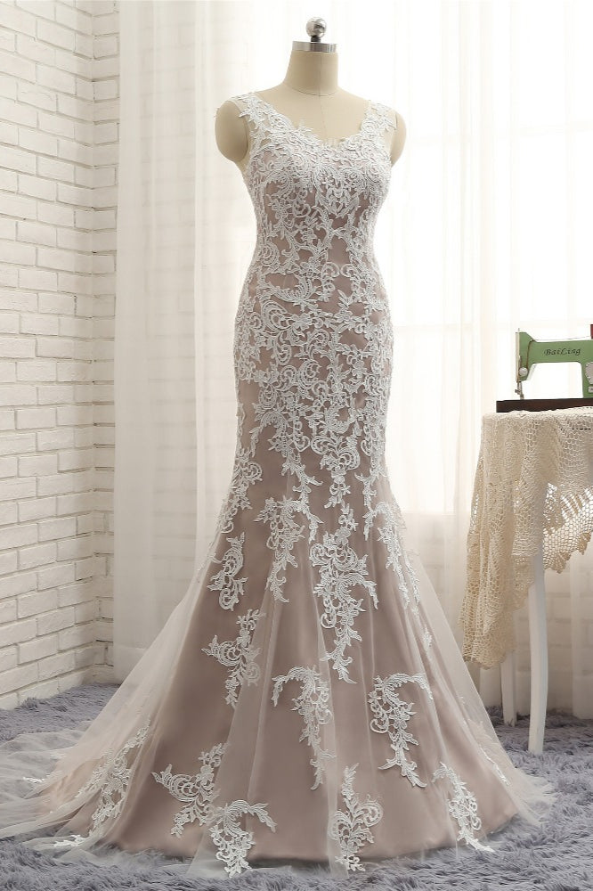 Affordable Straps V-Neck Tulle Appliques Wedding Dress Sleeveless Lace Bridal Gowns On Sale