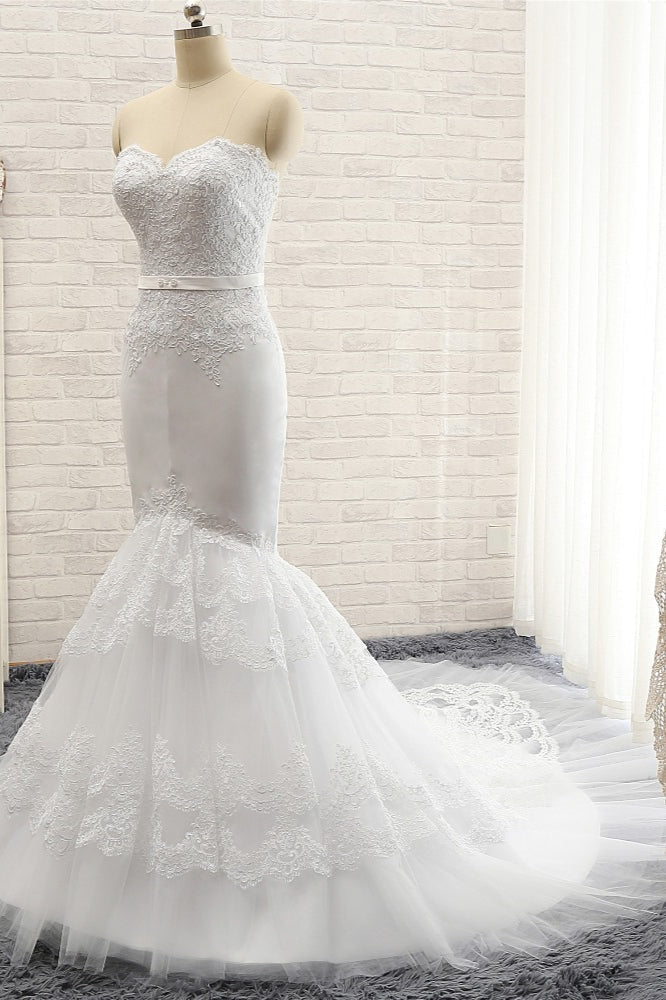 Affordable Sweetheart White Lace Wedding Dresses Tulle Satin Bridal Gowns With Appliques On Sale