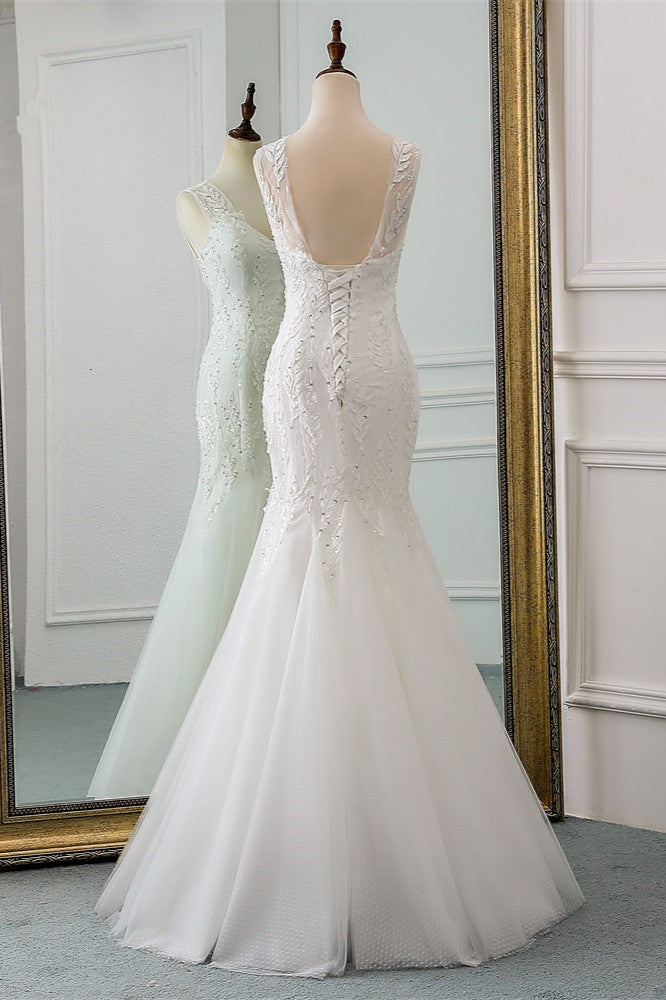 Affordable V-Neck Appliques Mermaid Wedding Dresses with Beadings