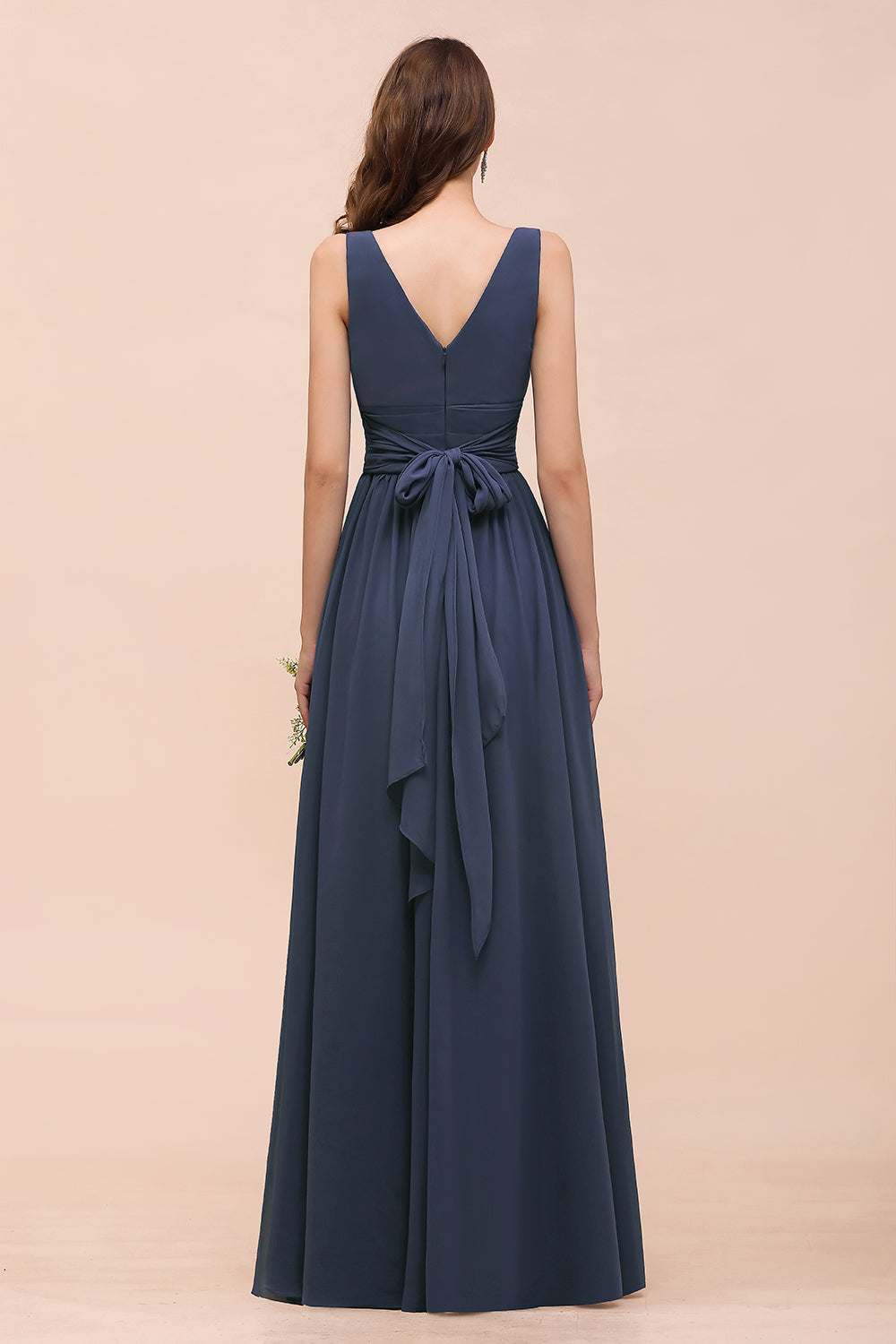 Affordable V-Neck Chiffon Long Stormy Bridesmaid Dresses With Slit - Fashionpara