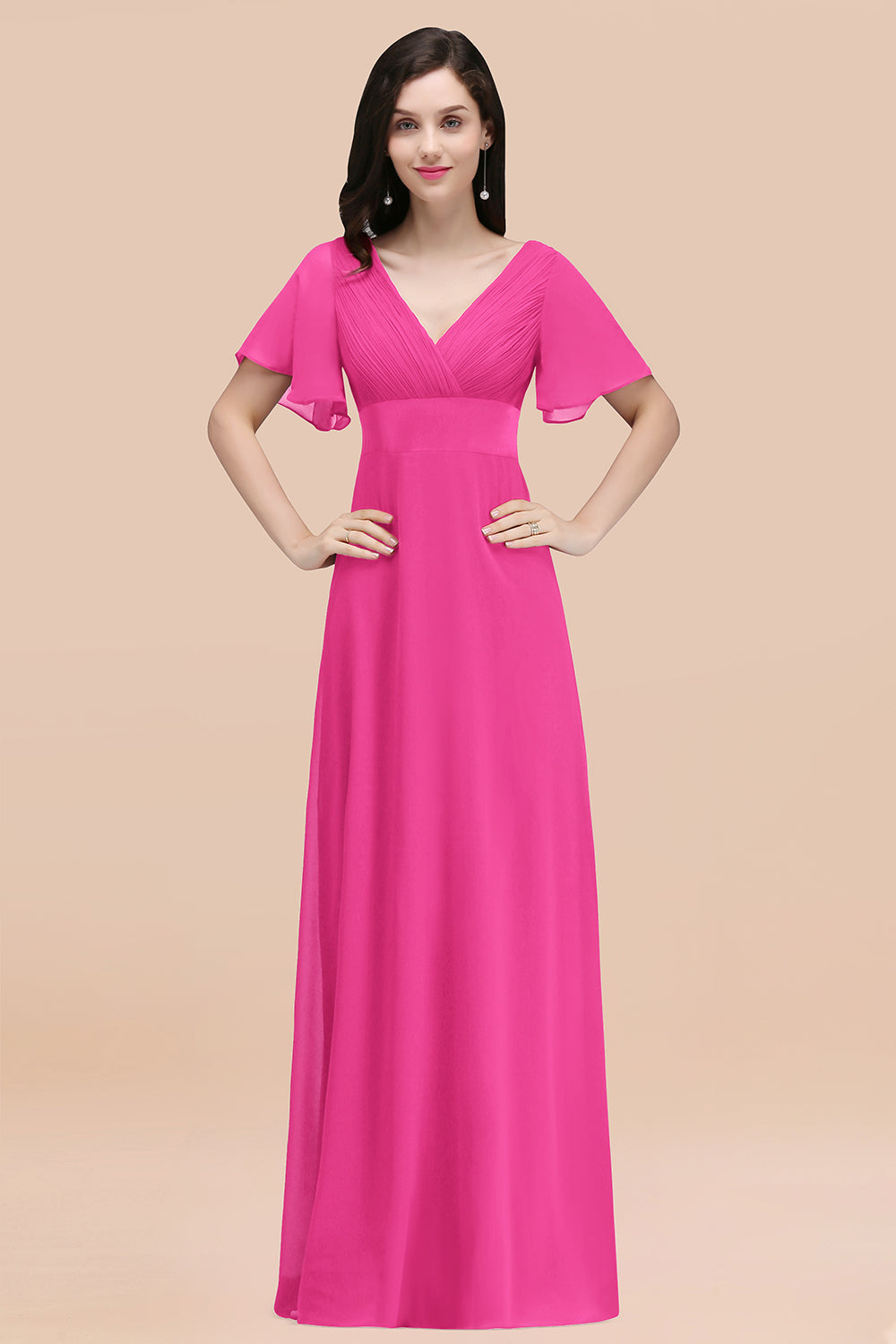 Affordable V-Neck Ruffle Long Burgundy Bridesmaid Dresses With Short-Sleeves - Fashionpara