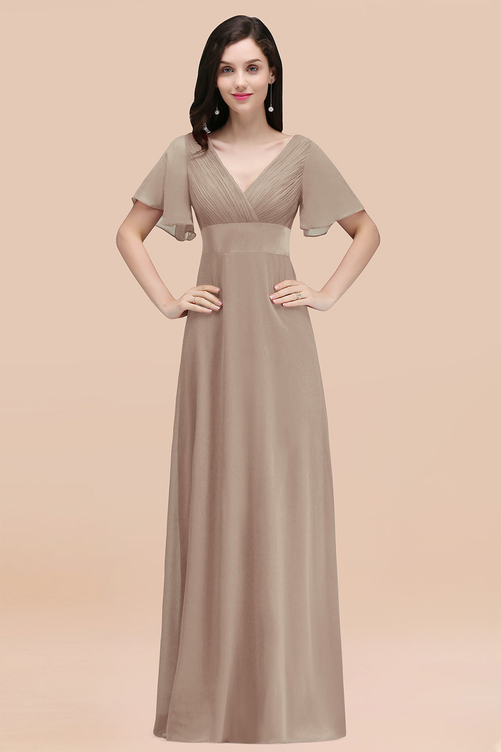 Affordable V-Neck Ruffle Long Burgundy Bridesmaid Dresses With Short-Sleeves - Fashionpara