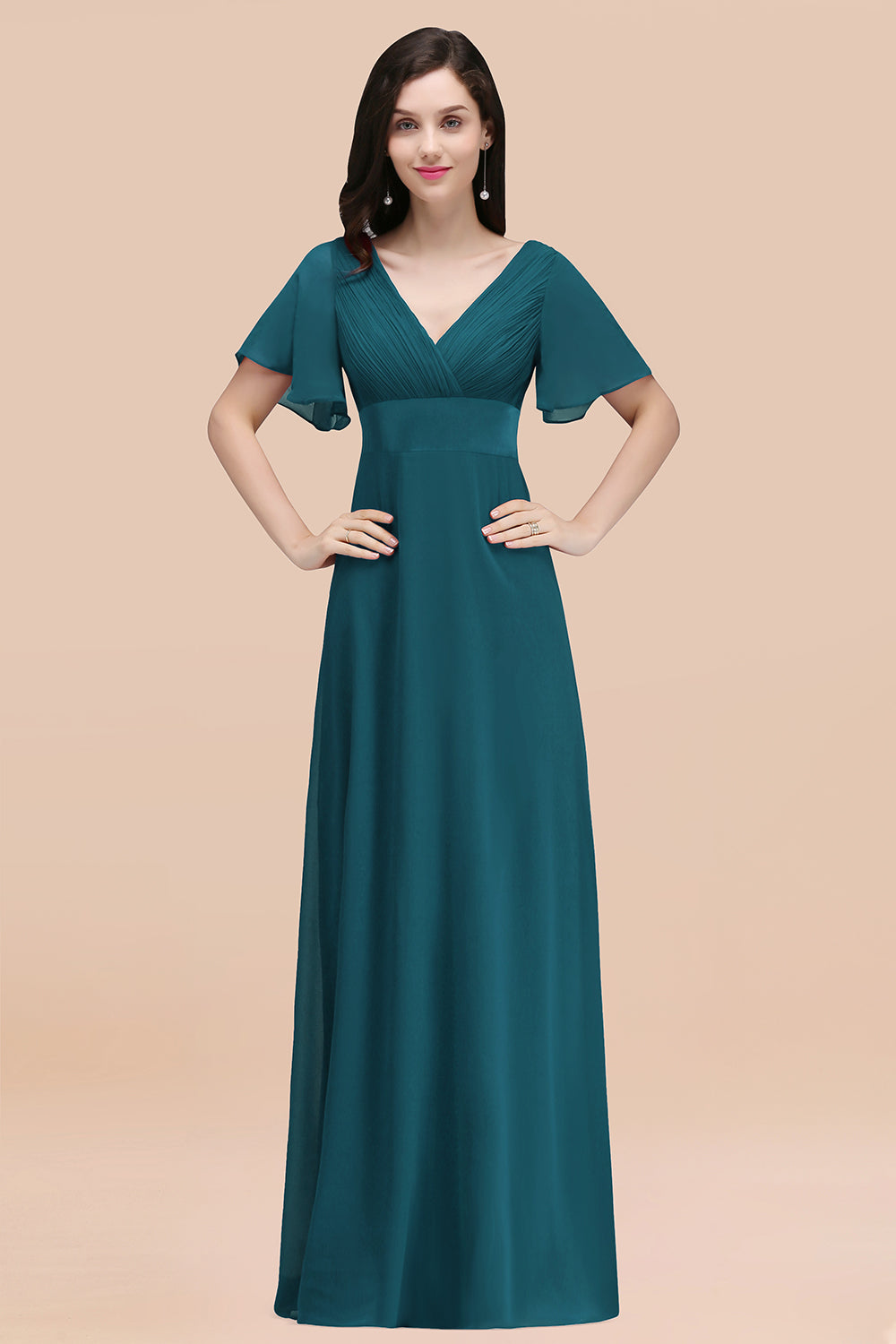 Affordable V-Neck Ruffle Long Burgundy Bridesmaid Dresses With Short-Sleeves - Fashionpara