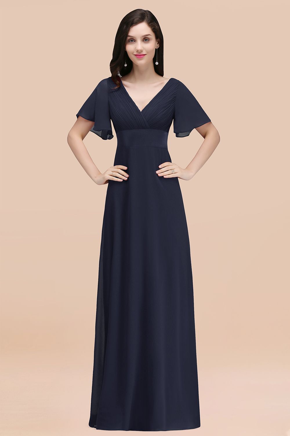 Affordable V-Neck Ruffle Long Burgundy Bridesmaid Dresses With Short-Sleeves - Fashionpara