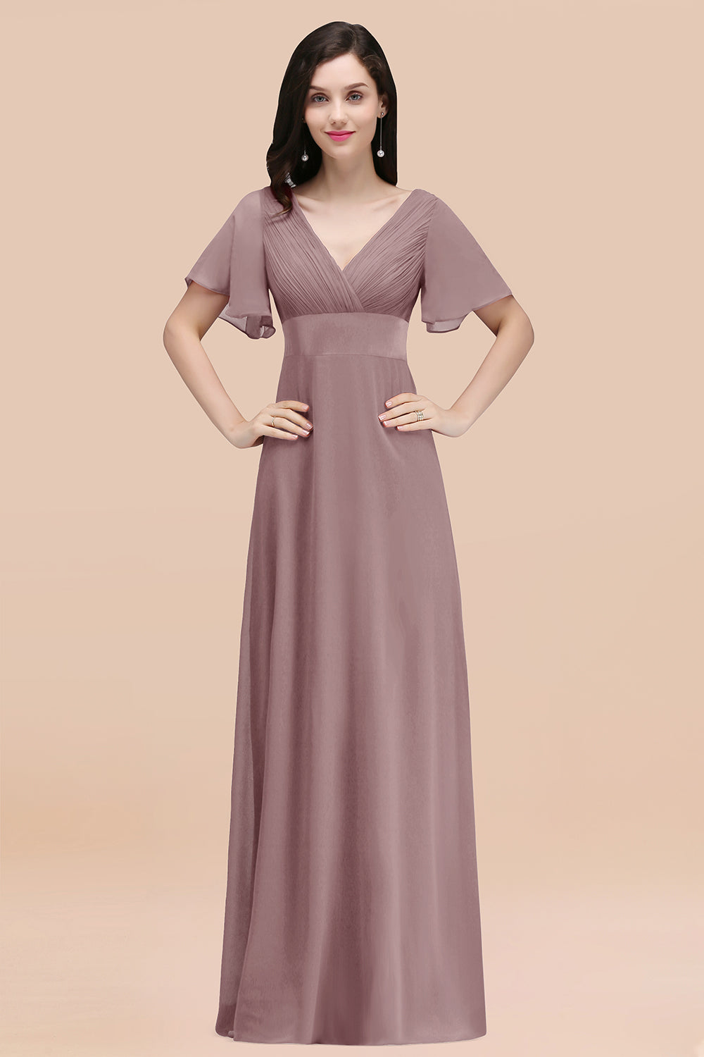 Affordable V-Neck Ruffle Long Burgundy Bridesmaid Dresses With Short-Sleeves